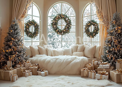 Avezano Beige Christmas Window Wreath Gift Photography Backdrop