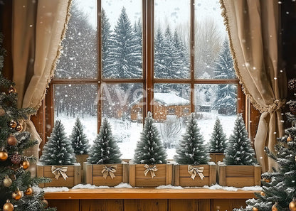 Avezano Snowy Cabin Window Mini Tree Photography Backdrop