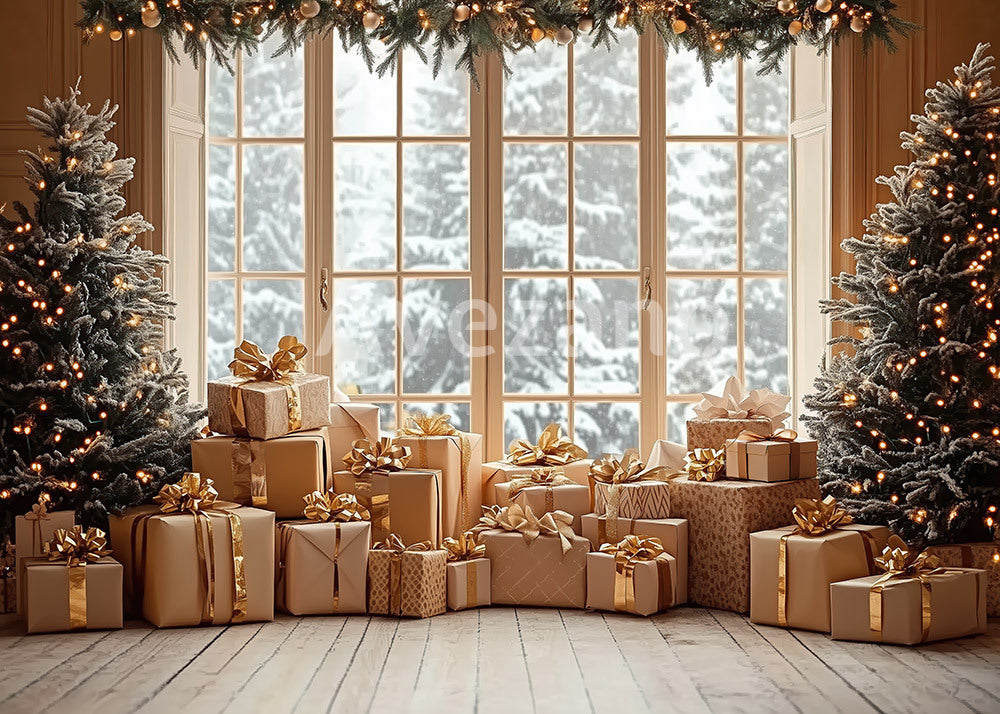 Avezano Gold Gift Christmas Tree Window Photography Backdrop