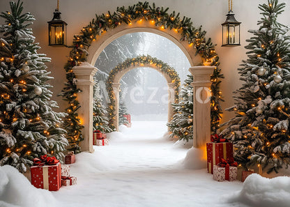 Avezano Snowy Double Arch Lighted Christmas Photography Backdrop