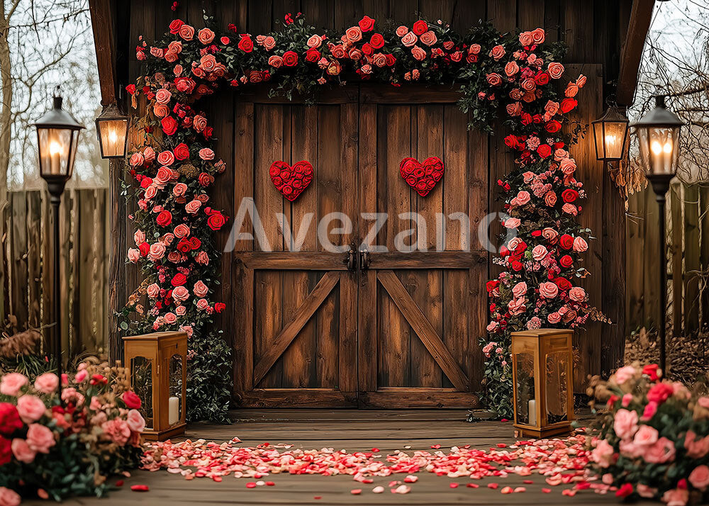 Avezano Red Rose Wooden Door Heart Floral Photography Backdrop