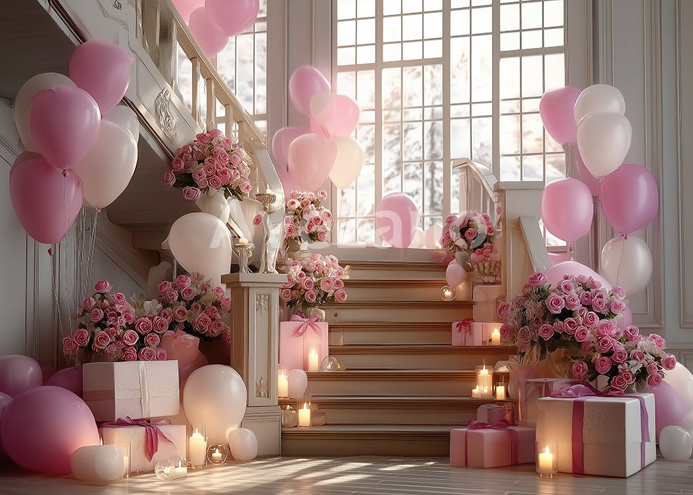 Avezano Pink and White Balloon Floral Staircase Photography Backdrop