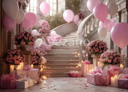 Avezano Romantic Pink Flower Balloon Curved Staircase Photography Backdrop