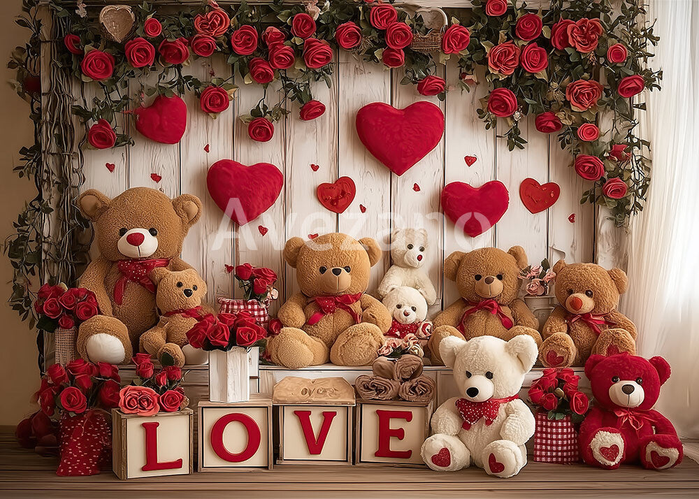 Avezano Heart Rose Teddy Bear Photography Backdrop