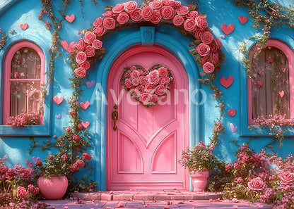 Avezano Blue Wall Pink Door Floral Cottage Photography Backdrop