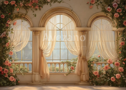 Avezano Arched Window Rose Vine Photography Backdrop