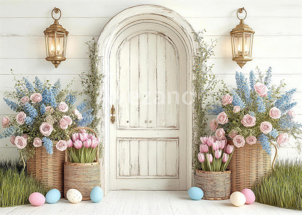VIP Avezano Easter Blue Tulip White Door Photography Backdrop