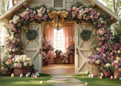 Avezano Easter Floral Bow Cottage Door Photography Backdrop