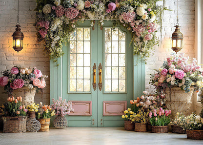 Avezano Teal Floral Door 2 pcs Set Backdrop