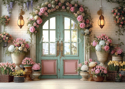 Avezano Spring Rose Arch Teal Door Photography Backdrop