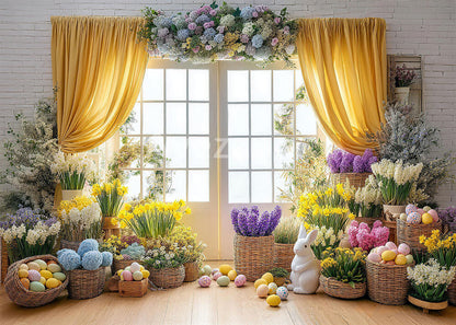 Avezano Yellow Curtain Easter Bunny Photography Backdrop