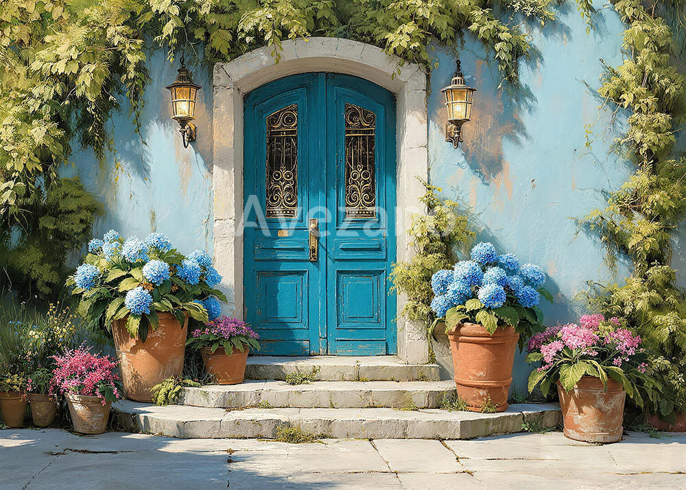Avezano Spring Turquoise Door Hydrangea Garden Photography Backdrop