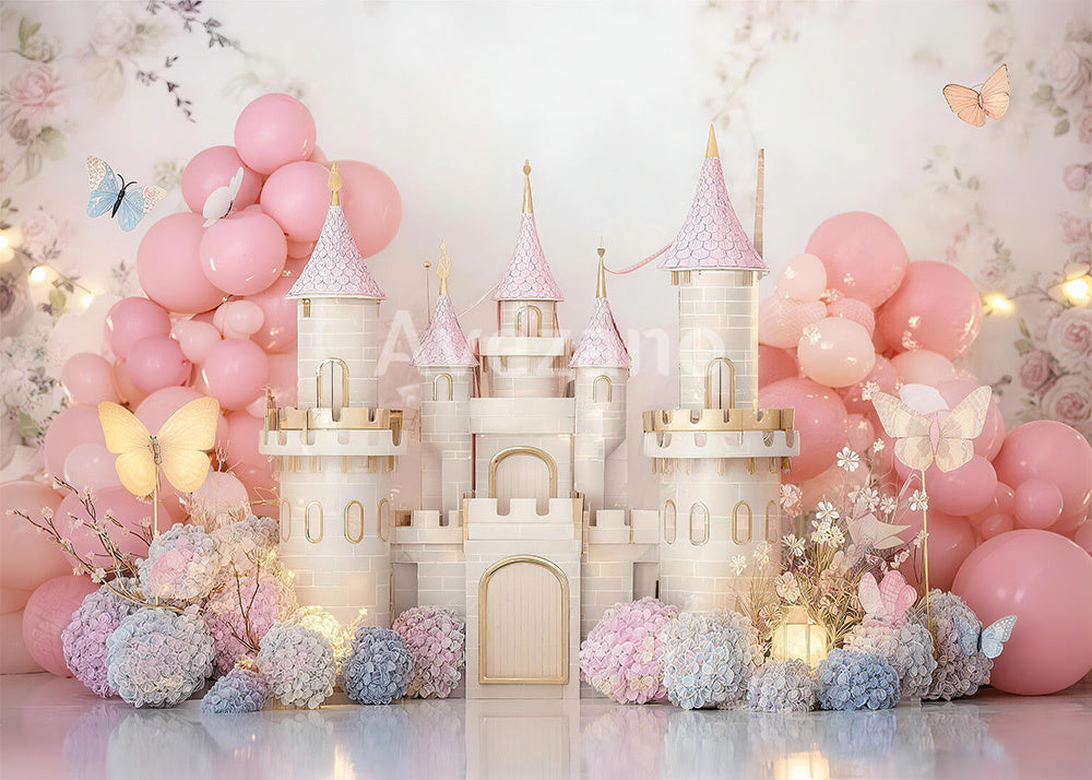 Avezano Pink Castle Balloon Butterfly Cakesmash Photography Backdrop