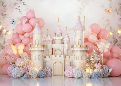Avezano Pink Castle Balloon Butterfly Cakesmash Photography Backdrop