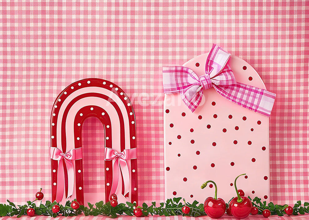 Avezano Pink Gingham Cherry Polka Dot Arch Photography Backdrop