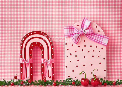 Avezano Pink Gingham Cherry Polka Dot Arch Photography Backdrop