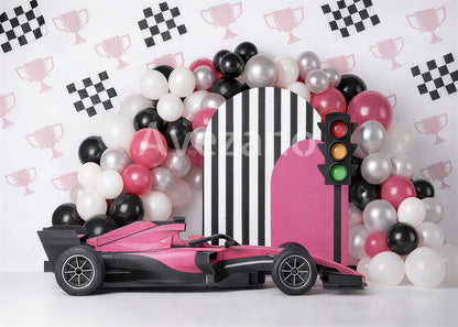 Avezano Pink Race Car Balloon Arch Photography Background