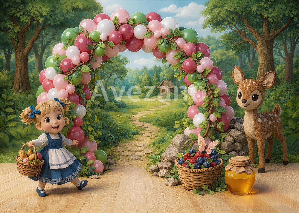 Avezano Forest Girl and Deer Balloon Arch Photography Background