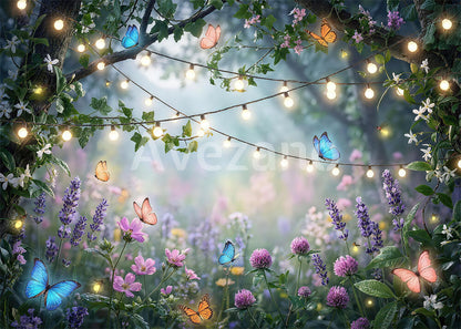 Avezano Enchanted Forest String Lights Butterfly Floral Photography Background