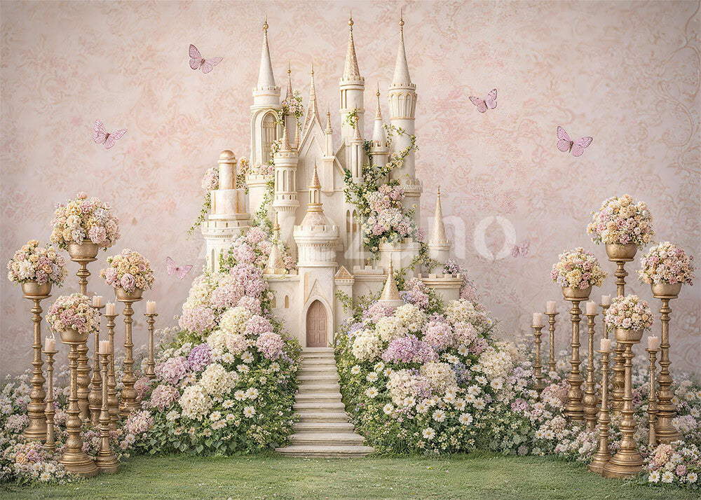 Avezano Pink Floral Castle Butterfly Garden Photography Background