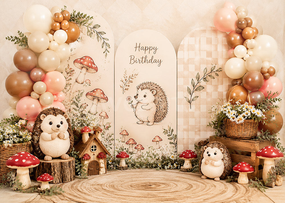 Avezano Neutral Hedgehog Mushroom Birthday Arch Photography Backdrop