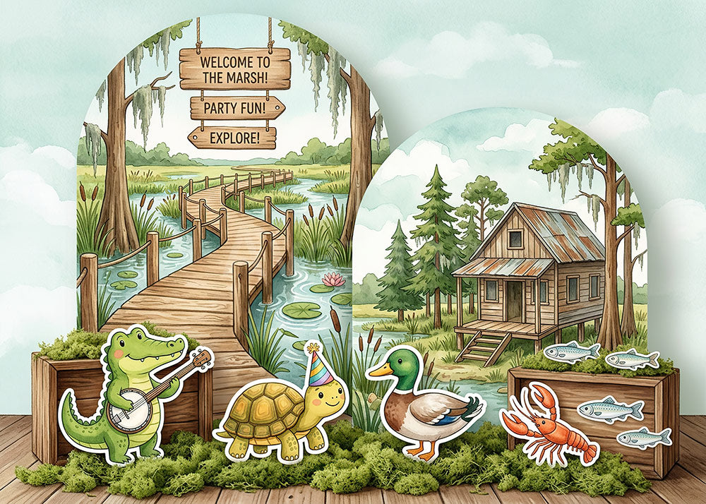 Avezano Marsh Bayou Cartoon Critter Arched Panel Photography Backdrop