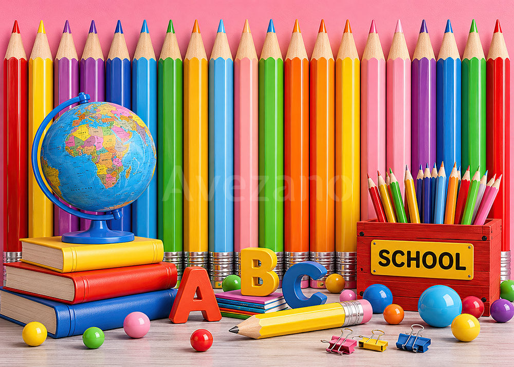 Avezano Wooden Floor Giant Crayon School Supplies Photography Backdrop