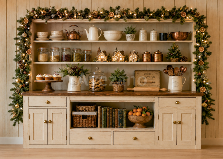 Avezano Farmhouse Kitchen Cabinet Christmas 2 pcs Set Backdrop