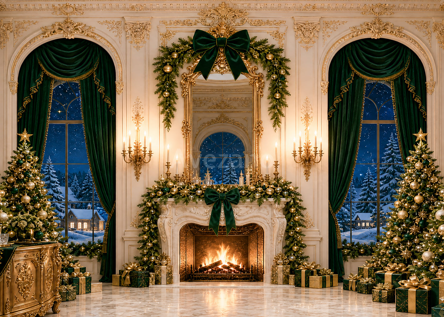 Avezano Dark Green Bow Fireplace Winter Palace Photography Backdrop