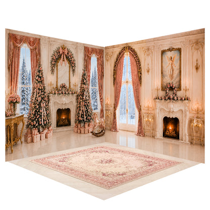 Avezano Pink Rococo Fireplace Winter Christmas Photography Backdrop Scene Room Set