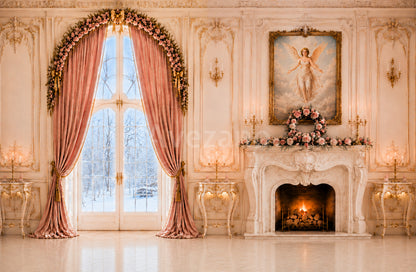Avezano Pink Rococo Fireplace Winter Christmas Photography Backdrop Scene Room Set