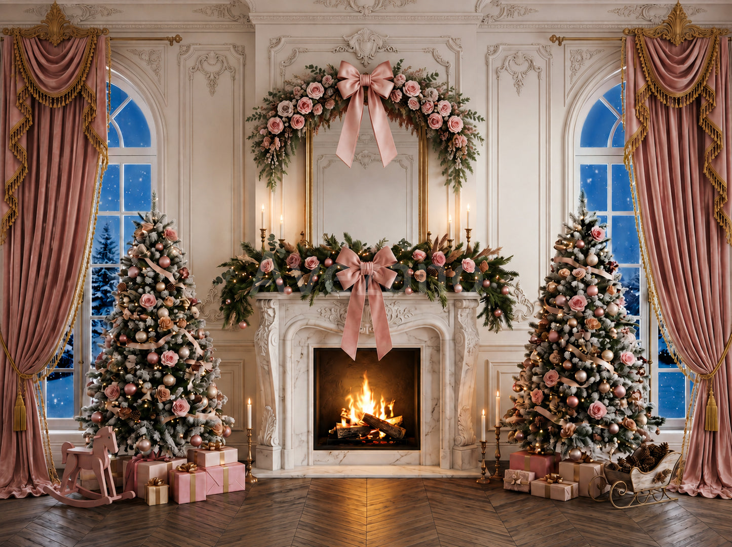 Arbre de Noël enneigé et lumières d'Avezano - Toile de fond pour photographie