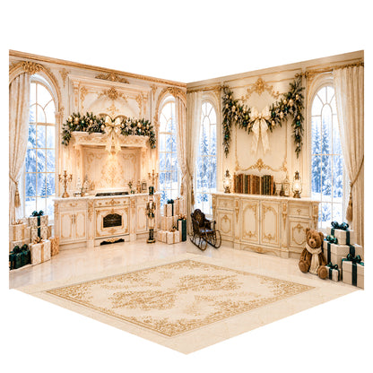 Avezano Cream Vintage Cabinet Bear Holiday Photography Backdrop Scene Room Set