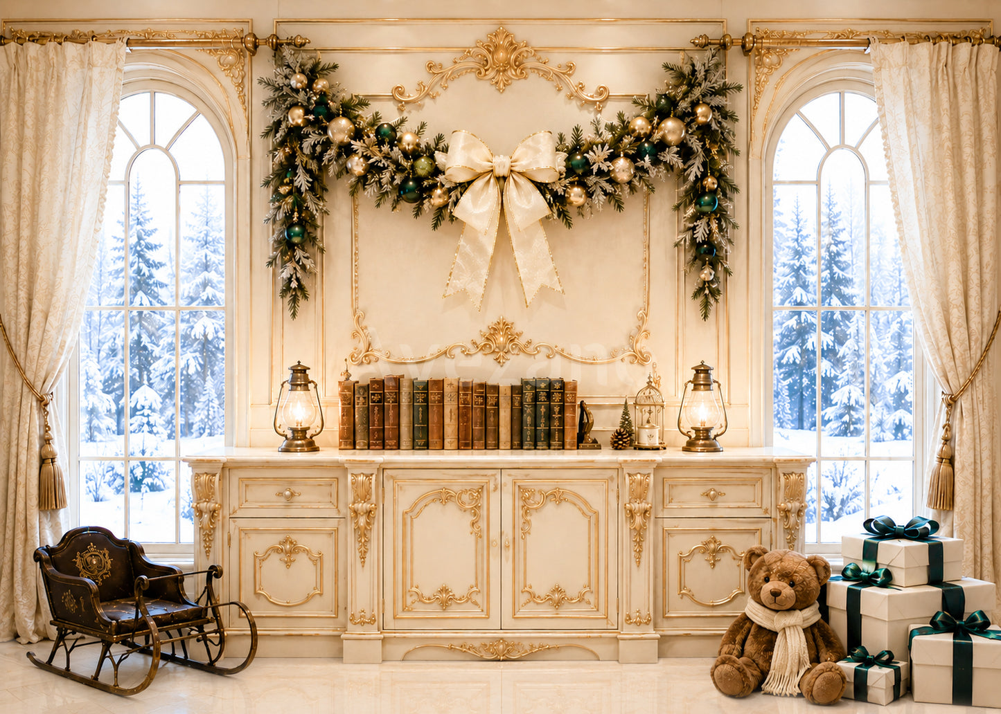 Avezano Cream Vintage Cabinet Bear Holiday Photography Backdrop Scene Room Set
