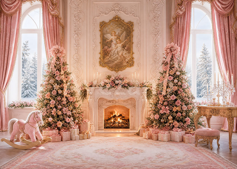 Avezano Pink Palace Christmas Fireplace Room Photography Backdrop