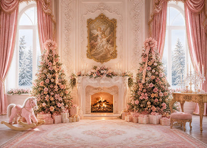 Avezano Pink Palace Christmas Fireplace Room Photography Backdrop