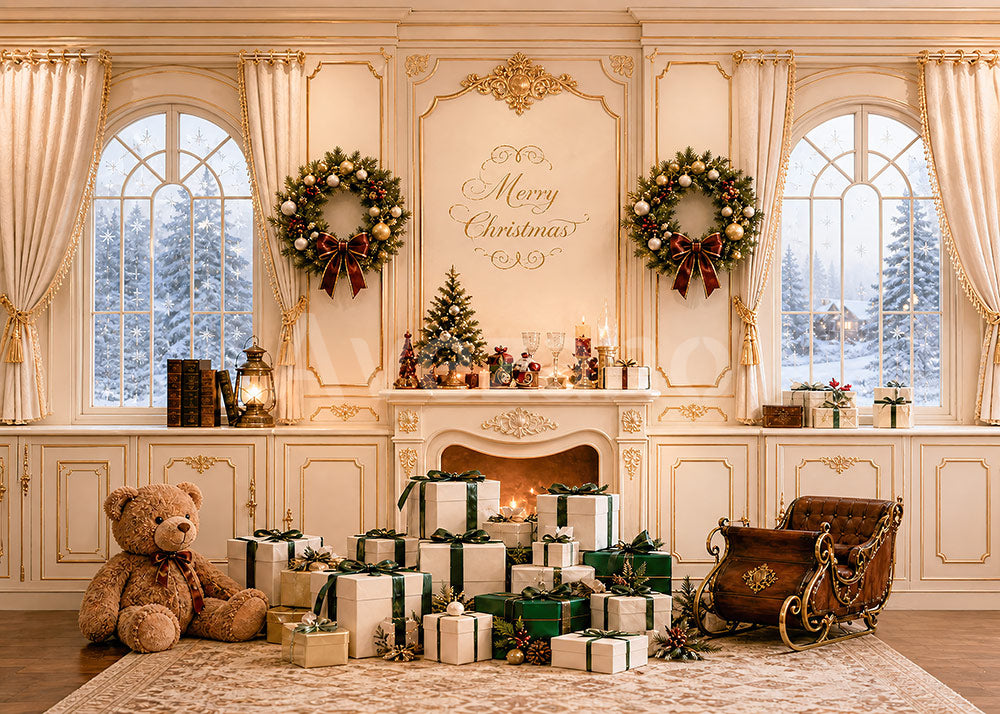 Avezano Cream Panel Wall Christmas Fireplace Scene Photography Backdrop