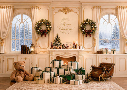 Avezano Cream Panel Wall Christmas Fireplace Scene Photography Backdrop