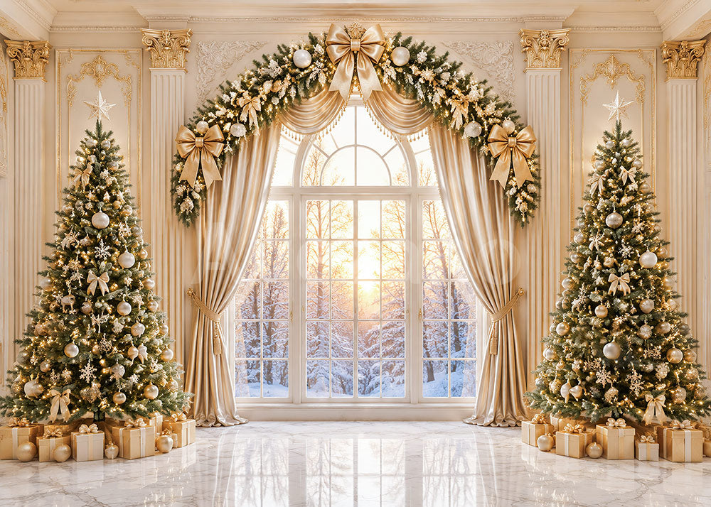 Avezano Golden Arch Christmas Tree Window Photography Backdrop