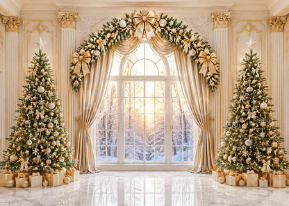Avezano Golden Arch Christmas Tree Window Photography Backdrop