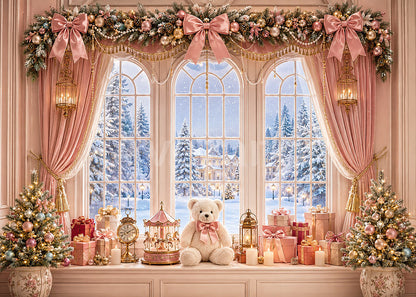 Avezano Pastel Pink Curtain Bear Winter Arch Window Photography Backdrop