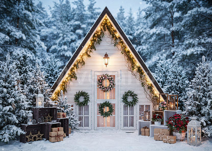 Avezano Snowy Forest White Triangle Cabin Christmas Photography Backdrop