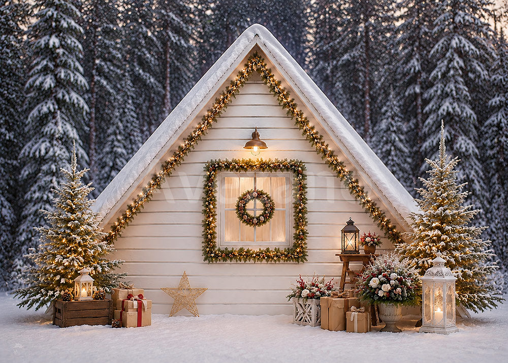 Avezano Winter Pine Tree White A-frame House Holiday Photography Backdrop