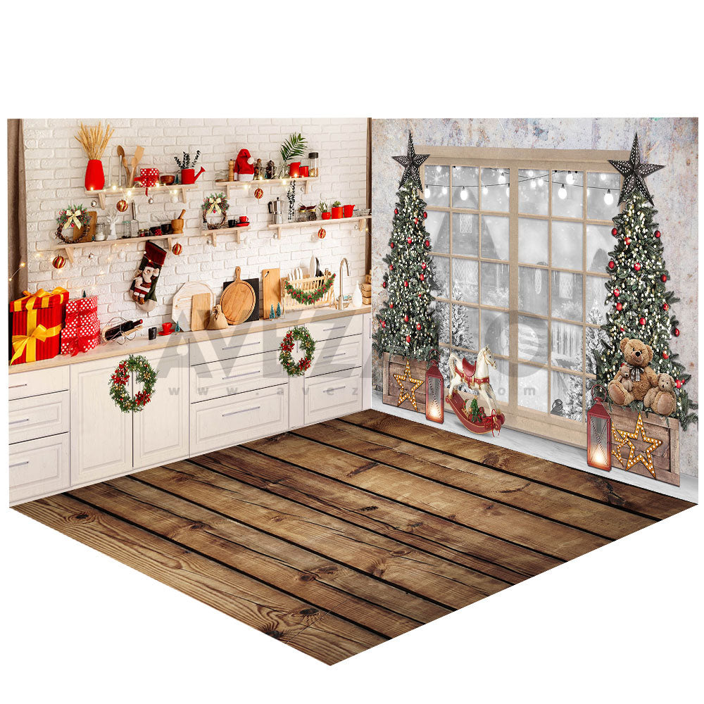 Avezano Christmas Tree and Kitchen Photography Backdrop Room Set