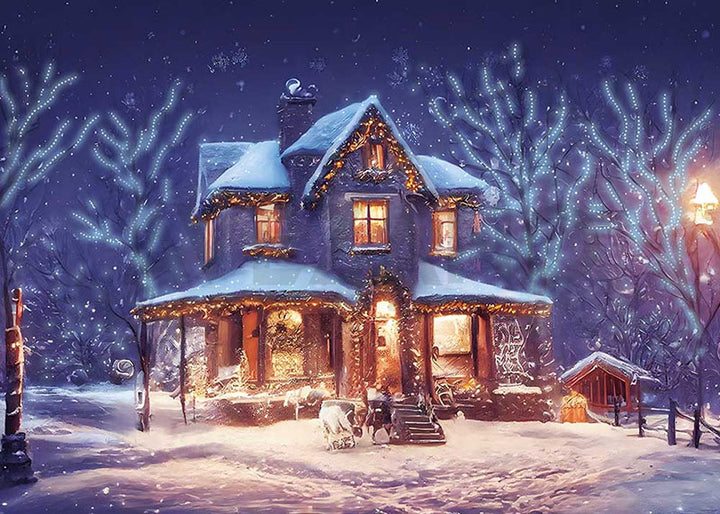 Avezano Winter Snow House Christmas Photography Backdrop-AVEZANO