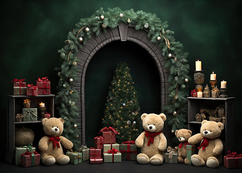 Avezano Christmas Tree Arch and Bear Presents Photography Backdrop-AVEZANO