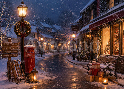 Avezano Christmas Snowy Winter Town Street Photography Backdrop