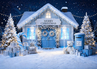 Avezano Blue Christmas Cottage Photography Backdrop
