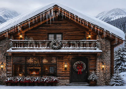 Avezano Christmas Snowy Mountain Log Cabin Photography Backdrop