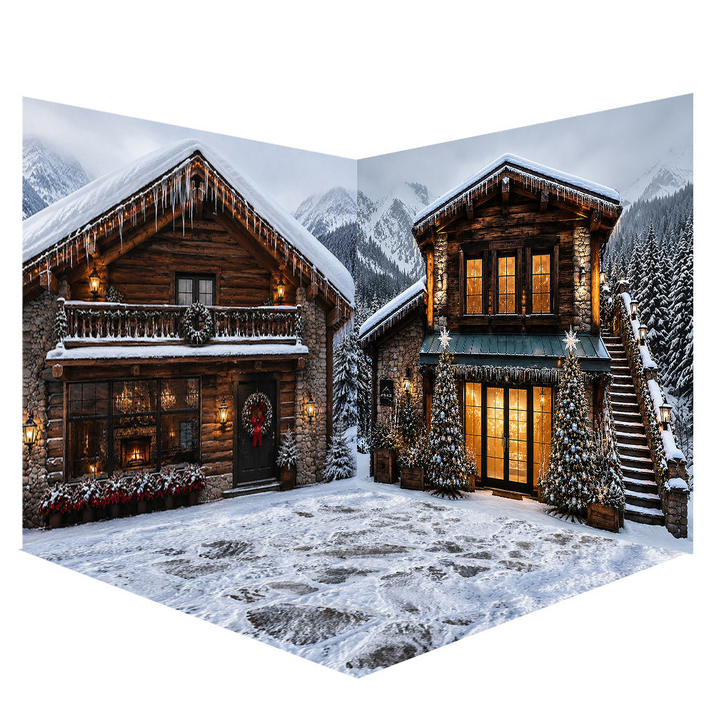 Avezano Snow Mountain Wooden Cabin Christmas Photography Backdrop Scene Room Set